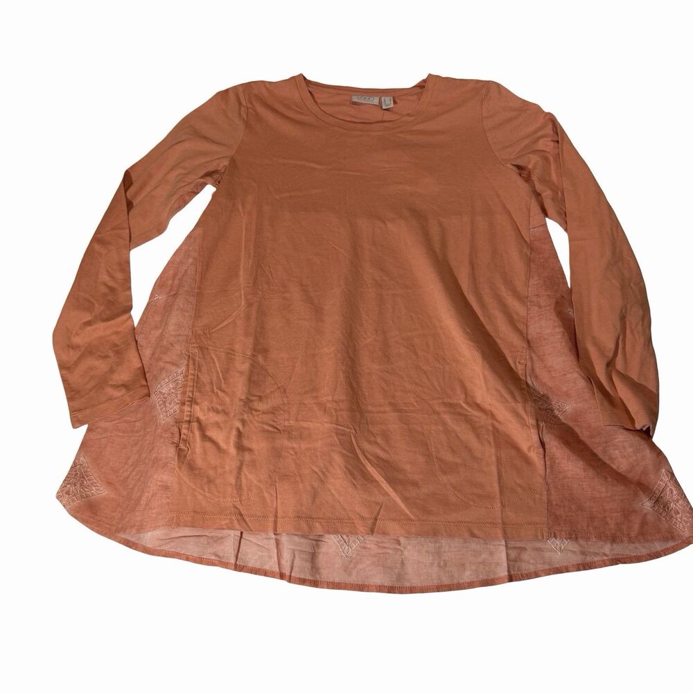 LOGO Lori Goldstein Shirt Women's Sm Orange Tunic Embroidered Long Sleeve Boho